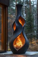 AI generated Modern designer black cast iron fireplace in a country house with a burning fire photo