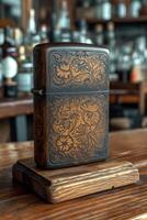 AI generated A vintage gasoline lighter for cigars stands on a stand on the table photo