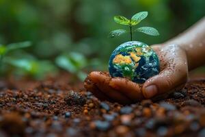 AI generated Close-up of a man's hands holding a globe of the earth. Earth Day Concept Save the World save the environment photo