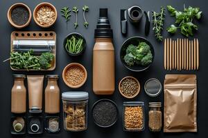 AI generated eco-friendly disposable tableware made of paper and wood with spices on a black background. the concept of recycling photo