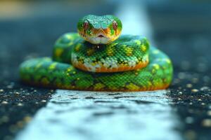 AI generated A snake crawls across a pedestrian crossing on the street photo