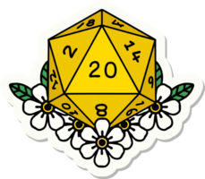 natural 20 D20 dice roll with floral elements sticker png