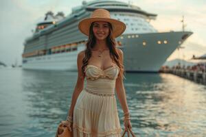 ai generado un niña en un sombrero en pie en frente de un grande crucero barco. mar viaje foto