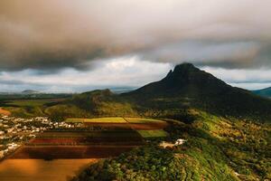 Bird's eye view of beautiful fields Islands of Mauritius and mountains photo