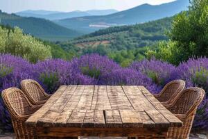AI generated Wooden table and chairs in a field with beautiful lavender blossoms on a sunny day photo