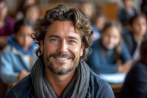 AI generated Portrait of a smiling male teacher in an elementary school classroom photo