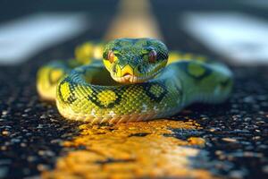 ai generado un serpiente gatea a través de un peatonal cruce en el calle foto