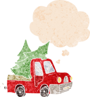camioneta de dibujos animados que lleva árboles y burbujas de pensamiento en estilo retro texturizado png