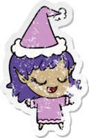 feliz desenho de adesivo angustiado de uma garota elfa usando chapéu de papai noel png