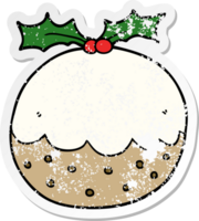 distressed sticker of a cartoon christmas pudding png