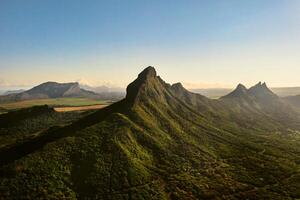 Aerial view of mountains and fields in Mauritius island photo