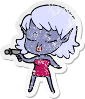 distressed sticker of a pretty cartoon alien girl with ray gun png