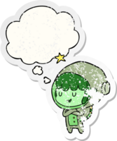 cartoon space girl and thought bubble as a distressed worn sticker png