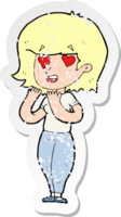 retro distressed sticker of a cartoon woman in love png