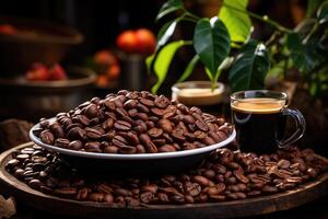 AI generated Roasted coffee beans close-up in dishes . Colombian coffee photo