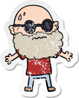 distressed sticker of a cartoon worried man with beard and sunglasses png