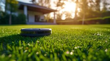AI generated A robot vacuum cleaner is working in the courtyard on the lawn at sunset photo