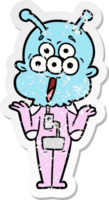 distressed sticker of a happy cartoon alien shrugging shoulders png