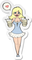 adesivo de uma mulher de desenho animado servindo cerveja png