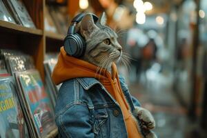 AI generated A cat with headphones in a music store photo