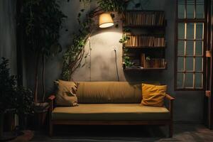 AI generated The sofa stands in the home interior. Design concept photo