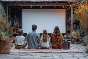 ai generado el familia es acecho un proyector en el calle cerca el casa , películas en el yarda foto