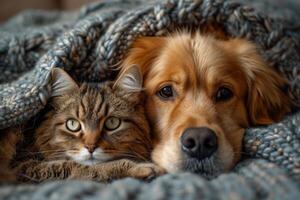 AI generated A dog and a cat lie together under a warm blanket at home . Friendship of pets photo