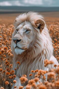 AI generated Portrait of a white lion in a field in summer photo