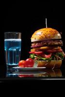 AI generated A set of beer for burgers and other snacks on the table. Dark background, fast food photo