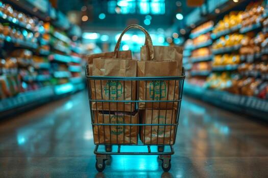 AI generated Craft shopping bags in a cart on the background of the store photo