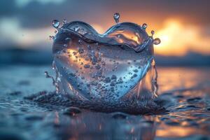 ai generado un corazón hecho de salpicaduras de agua en contra el antecedentes de el mar. el concepto de amor foto