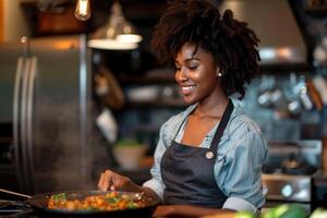 AI generated A young African American girl is cooking in the kitchen at home photo