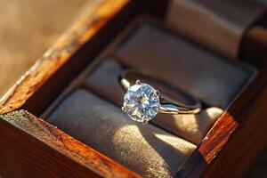 AI generated A gold diamond ring is in a jewelry box, the concept of luxury photo