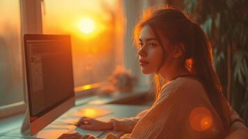 AI generated Portrait of a young girl working at home at a computer by the window at sunset. The concept of a freelancer photo