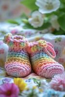 AI generated knitted children's shoes made of natural multicolored handmade wool. Warmth and comfort for newborns photo