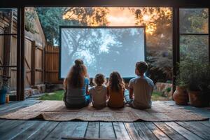 ai generado el familia es acecho un proyector en el calle cerca el casa , películas en el yarda foto