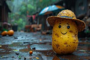 ai generado patatas en un amarillo sombrero con un gracioso sonriente cara foto