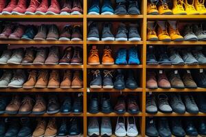 AI generated A wall with shoes inside the store. There are many different shoes on the shelves photo