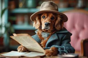 AI generated A dog in a hat and clothes reads a letter sitting in the interior photo