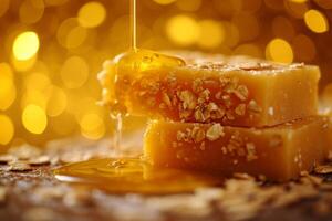 AI generated Handmade soap with honey and oatmeal on the table photo