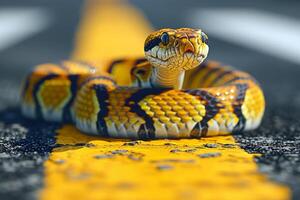 AI generated A snake crawls across a pedestrian crossing on the street photo