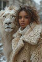 AI generated Beautiful fashionable young woman with a beautiful big lion photo
