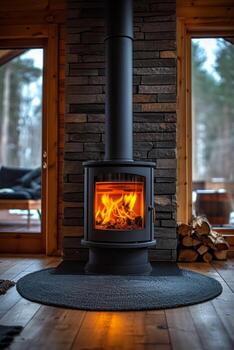 AI generated cast-iron stove in a rustic house with a fire lit inside to heat the house photo