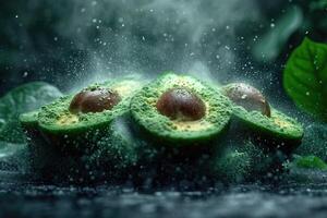 AI generated Halved green and avocado pulp on a dark background photo