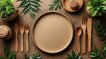 AI generated eco-friendly disposable tableware made of paper and wood on the background. the concept of recycling photo