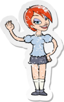 retro distressed sticker of a cartoon waving woman png