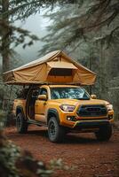 AI generated An SUV with a tent on the roof in the wild. Traveling by car photo