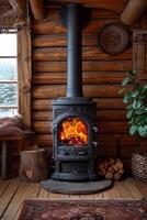 AI generated cast-iron stove in a rustic house with a fire lit inside to heat the house photo