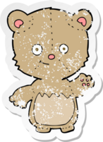 retro distressed sticker of a cartoon little teddy bear waving png