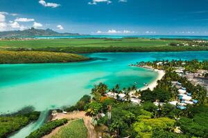 View from the height of the east coast of the island of Mauritius in the Indian Ocean. Beautiful lagoon of the island of Mauritius, photo